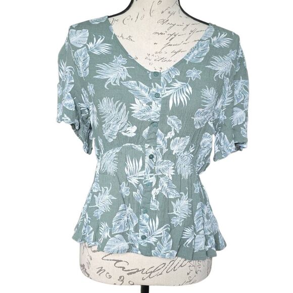 Lush Women's Size Large Olive Cream Monstera Palm Leave Print Button V-Neck Top - Picture 1 of 5